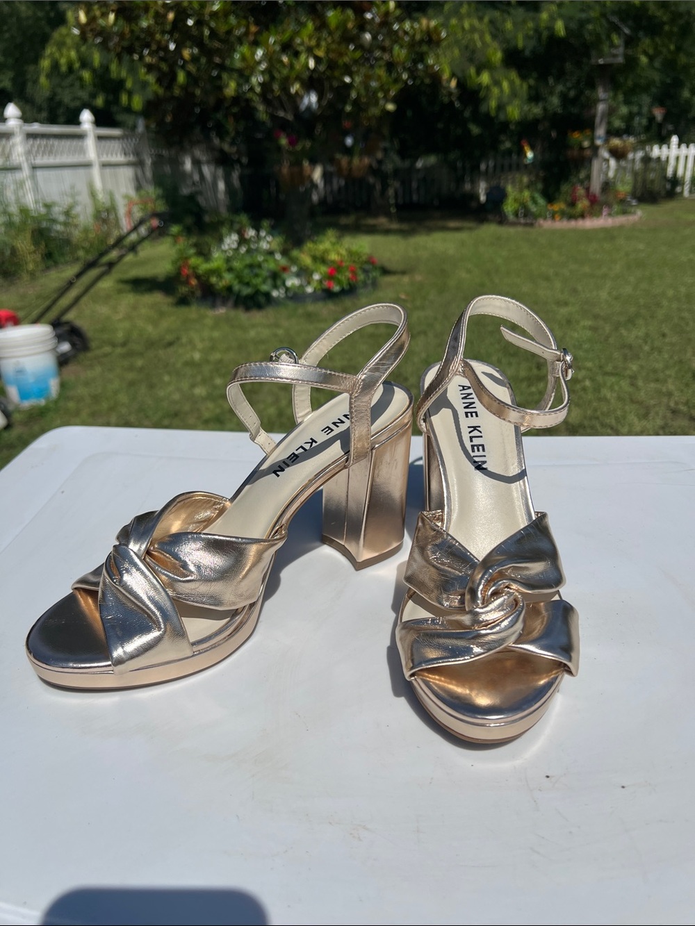 Anne Klein Rose Gold Knot-Front Block Heel Sandals